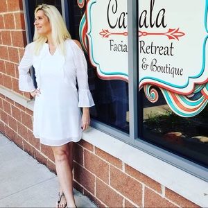 Charlie Paige White Ruffle Chest Sheer Midi Dress